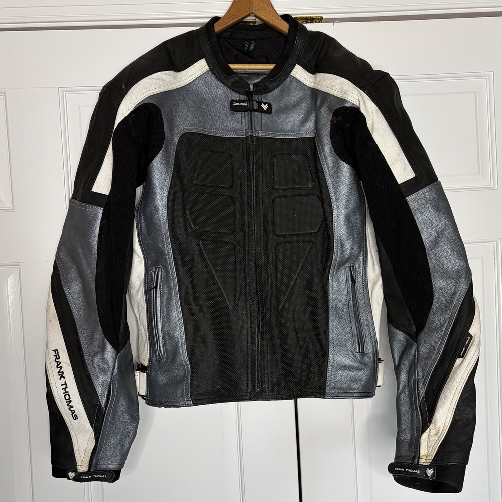 Frank Thomas Motorcycle Jacket Mens 46 Leather Padded Sport Racing Black Silver